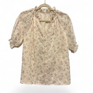 Cottagecore Blouse Womens XL Floral Embroidered Romantic Puff Sleeve Button Top